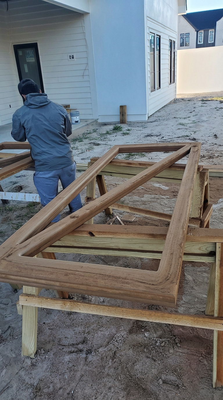 Coastline team member building a custom wooden gate on site